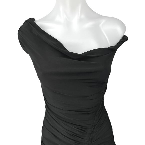Club L Coco Black Off The Shoulder Asymmetric Bardot Ruched Mini Bodycon Dress 2 - Picture 3 of 5